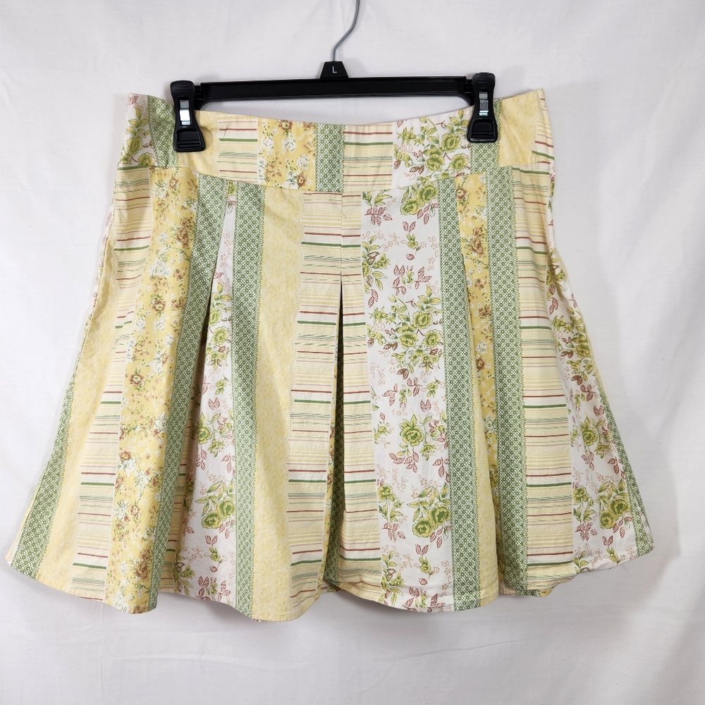 90s y2k yellow white Floral Patchwork Skirt aline pleated sz 9/10 cottagecore